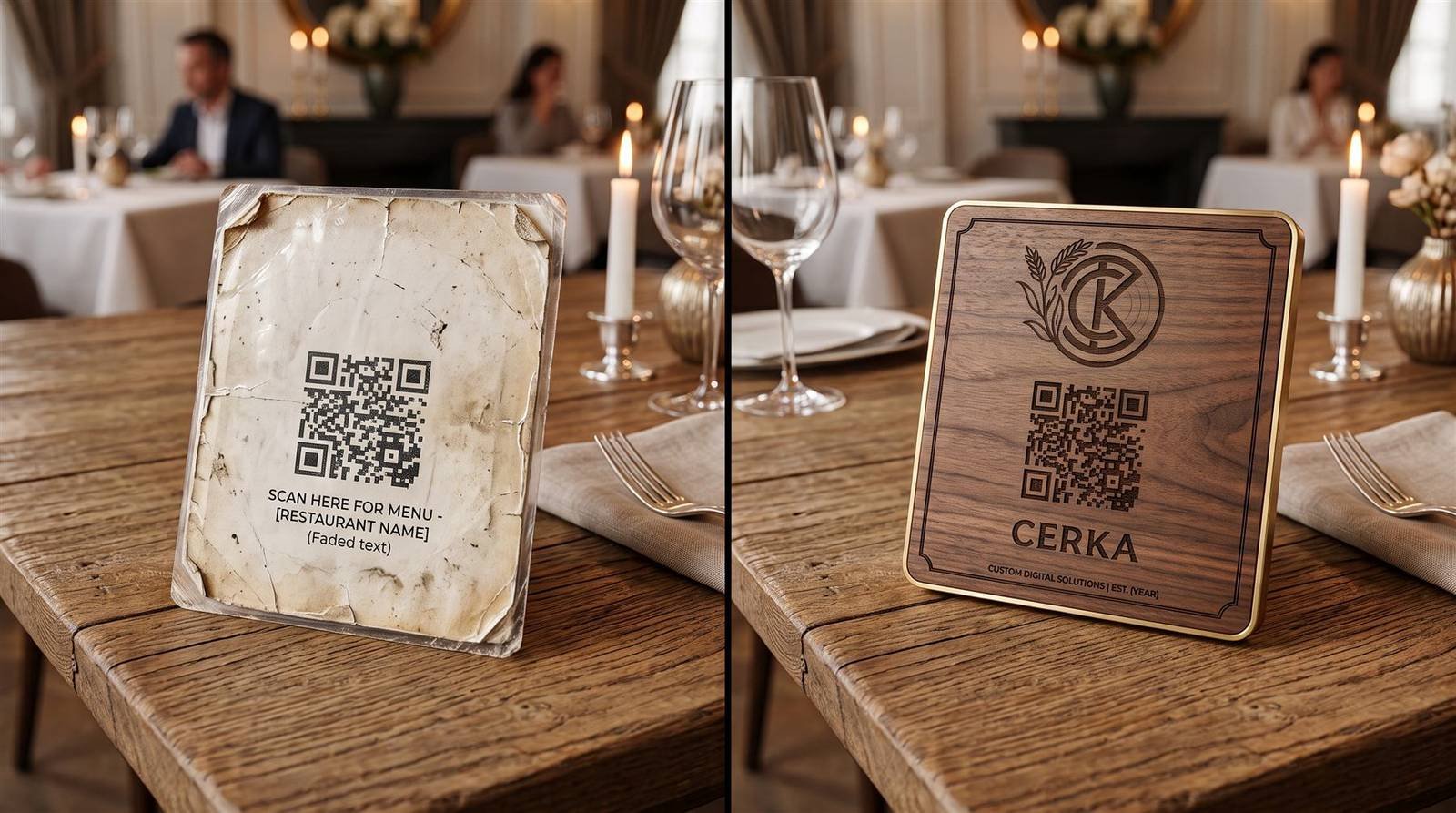 Comparación lado a lado: un QR impreso en papel plastificado, deteriorado y despegado, junto a una placa de madera CERKA grabada a láser, intacta, sobre la misma mesa de restaurante