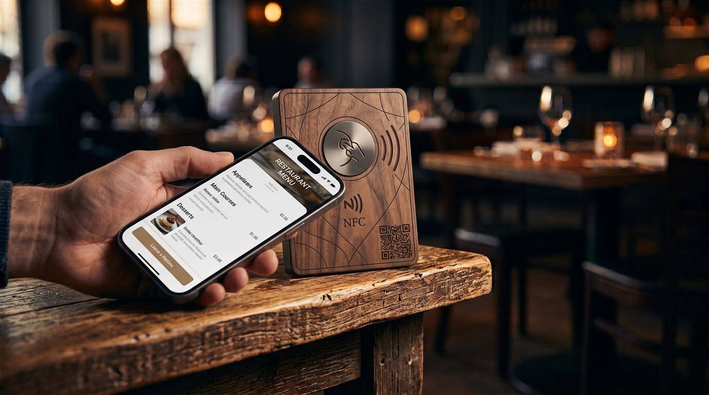 Mano sosteniendo un celular junto a una placa de madera CERKA grabada con ondas NFC y código QR, sobre la mesa de un restaurante